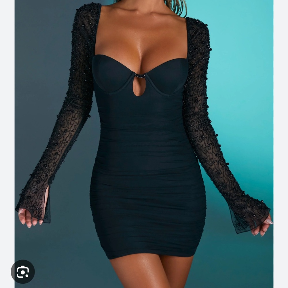 Oh Polly Black Dress with Beaded Sleeves